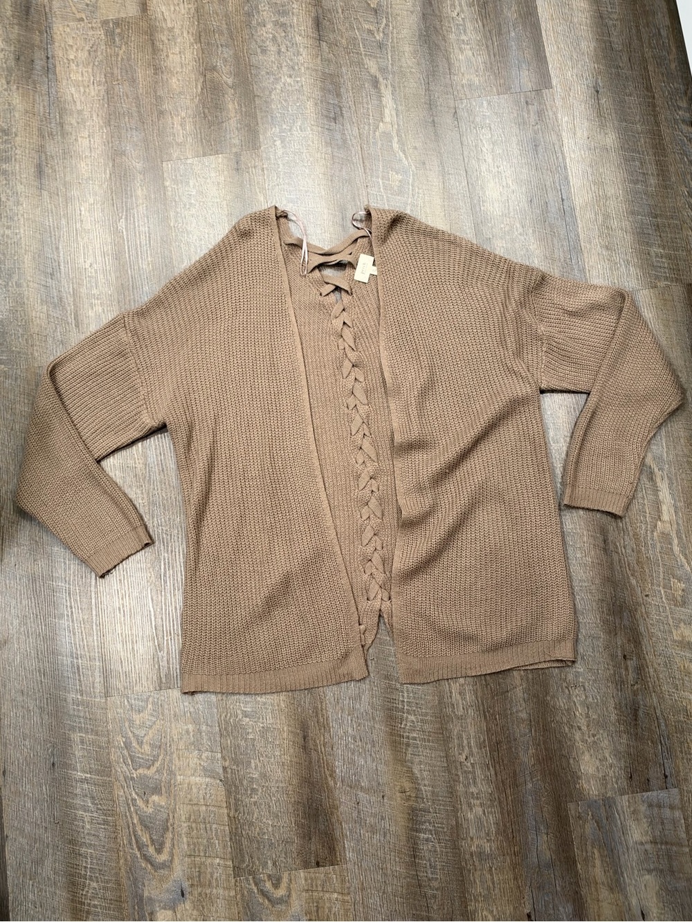Plus size Cozy Lace-Up Open Cardigan Sweater - Camel